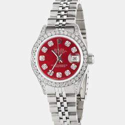 Rolex Customised Red MOP Diamond Stainless Steel Datejust  Automatic Women's Wristwatch 26mm