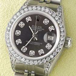 Rolex Customised Grey Diamond Stainless Steel Datejust  Automatic Women's Wristwatch 26mm