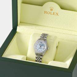 Pre Owned Rolex Customised Sky Blue MOP Diamond Stainless Steel Datejust Automatic Women's Wristwatch 26mm