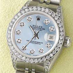 Pre Owned Rolex Customised Sky Blue MOP Diamond Stainless Steel Datejust Automatic Women's Wristwatch 26mm