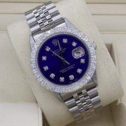 Rolex Customised Blue 3CT Diamond Stainless Steel Datejust  Automatic Men's Wristwatch 36mm