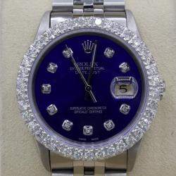 Rolex Customised Blue 3CT Diamond Stainless Steel Datejust  Automatic Men's Wristwatch 36mm