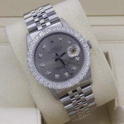 Rolex Customised Grey 3CT Diamond Stainless Steel Datejust  Automatic Men's Wristwatch 36mm