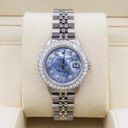 Pre Owned Rolex Customised Sky Blue MOP 2CT Diamond Stainless Steel Datejust Automatic Women's Wristwatch 26mm