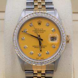 Rolex Customised Silver 1.15CT Diamond 18K Yellow Gold Datejust  Automatic Men's Wristwatch 36mm