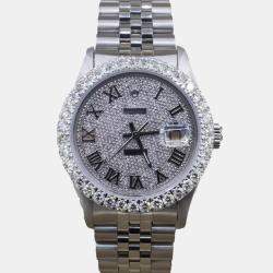 Rolex Customised Silver 5CT Diamond Stainless Steel Datejust  Automatic Men's Wristwatch 36mm