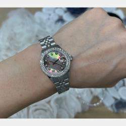 Pre Owned Rolex Customised Black MOP Diamond Stainless Steel Datejust 69173 Automatic Women's Wristwatch 26mm