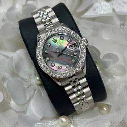 Pre Owned Rolex Customised Black MOP Diamond Stainless Steel Datejust 69173 Automatic Women's Wristwatch 26mm
