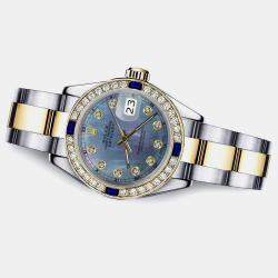 Rolex Customised Black MOP Diamond Stainless Steel Datejust 179173 Automatic Women's Wristwatch 26mm