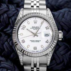 Rolex Customised White Diamond Stainless Steel Datejust 69160 Automatic Women's Wristwatch 26mm