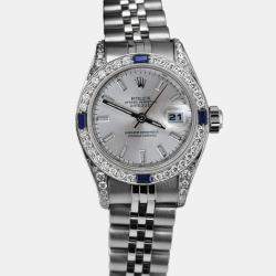 Rolex Customised Silver Diamond Stainless Steel Datejust 69174 Automatic Women's Wristwatch 26mm