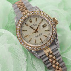 Rolex Customised Cream Diamond Stainless Steel Datejust 69173 Automatic Women's Wristwatch 26mm