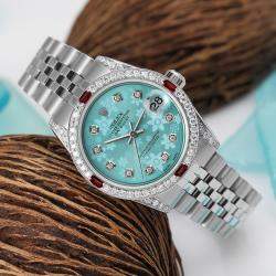 Rolex Customised Blue Flower Diamond Stainless Steel Datejust 68274 Automatic Women's Wristwatch 31mm