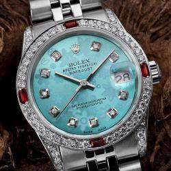 Rolex Customised Blue Flower Diamond Stainless Steel Datejust 68274 Automatic Women's Wristwatch 31mm