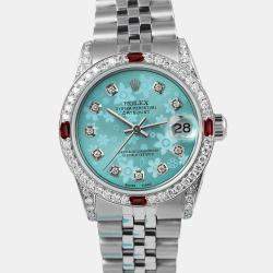 Rolex Customised Blue Flower Diamond Stainless Steel Datejust 68274 Automatic Women's Wristwatch 31mm