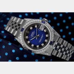Rolex Customised Blue Diamond Stainless Steel Datejust 68274 Automatic Women's Wristwatch 31mm