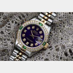 Rolex Customised Purple Diamond 18K Yellow Gold Stainless Steel Vintage 69173 Automatic Women's Wristwatch 26mm