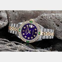 Rolex Customised Purple Diamond 18K Yellow Gold Stainless Steel Vintage 69173 Automatic Women's Wristwatch 26mm