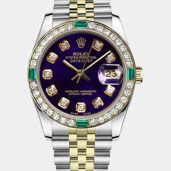 Rolex Customised Purple Diamond 18K Yellow Gold Stainless Steel Vintage 69173 Automatic Women's Wristwatch 26mm