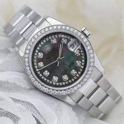 Rolex Customised Black MOP Diamond Stainless Steel Datejust 68274 Automatic Women's Wristwatch 31mm