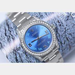 Rolex Customised Blue Diamond Stainless Steel Oyster Perpetual 177200 Automatic Women's Wristwatch 31 mm