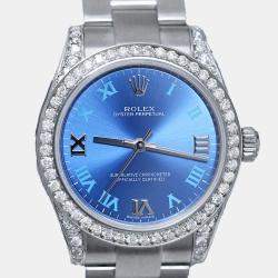 Rolex Customised Blue Diamond Stainless Steel Oyster Perpetual 177200 Automatic Women's Wristwatch 31 mm