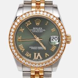 Rolex Olive Green 18K Yellow Gold Stainless Steel Diamond Datejust 178383 Women's Wristwatch 31 mm