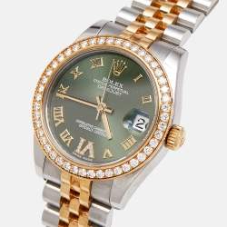 Rolex Olive Green 18K Yellow Gold Stainless Steel Diamond Datejust 178383 Women's Wristwatch 31 mm