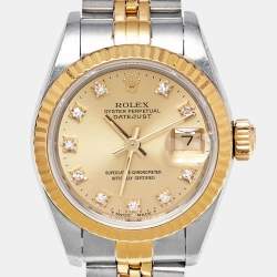 Pre Owned Rolex Champagne Diamond 18k Yellow Gold Stainless Steel Datejust 69173 Women's Wristwatch 26 mm