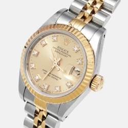 Pre Owned Rolex Champagne Diamond 18k Yellow Gold Stainless Steel Datejust 69173 Women's Wristwatch 26 mm