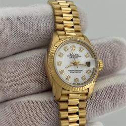 Rolex White Diamond 18k Yellow Gold President Datejust 6917 Automatic Women's Wristwatch 26 mm