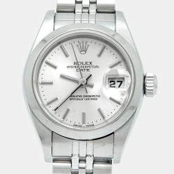 Pre Owned Rolex Silver Dial 18K White Gold Stainless Steel Oyster Perpetual Date 79160 Women's Wristwatch 26 mm
