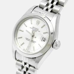 Pre Owned Rolex Silver Dial 18K White Gold Stainless Steel Oyster Perpetual Date 79160 Women's Wristwatch 26 mm