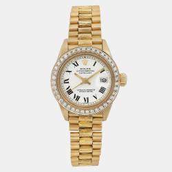 Rolex White 18k Yellow Gold Diamond Datejust 6927 Automatic Women's Wristwatch 26 mm