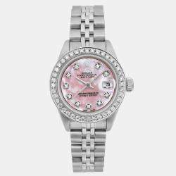 Rolex Customised Pink MOP Diamond Stainless Steel Datejust 69174 Automatic Women's Wristwatch 26 mm