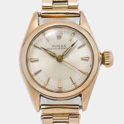 Rolex Oyster Perpetual 5002 Automatic Cream 18k Rose Gold Women's Wristwatch 24mm 