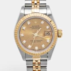 Pre Owned Rolex Champagne Diamond 18k Yellow Gold Stainless Steel Datejust 69173 Women's Wristwatch 26 mm