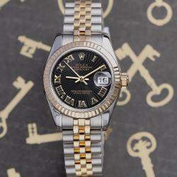Pre Owned Rolex Datejust 179173 Automatic Black 18k Yellow Gold Stainless Steel Women's Wristwatch 26 mm
