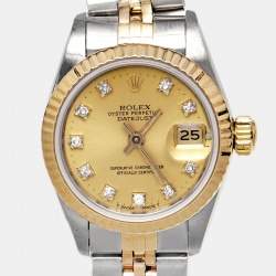 Pre Owned Rolex Datejust 69173 Champagne Dial Diamond 18K Yellow Gold Stainless Steel Women's Wristwatch 26 mm