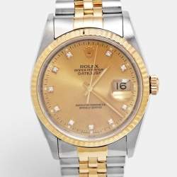 Pre Owned Rolex Champagne Diamond 18K Yellow Gold Stainless Steel Datejust 16233 Unisex Wristwatch 36 mm