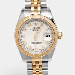 Pre Owned Rolex Cream Pyramid Dial 18K Yellow Gold Stainless Steel Datejust 179173 Women's Wristwatch 26 mm