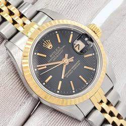 Pre Owned Rolex Datejust 69173 Automatic Black 18k Yellow Gold Stainless Steel Women's Wristwatch 26 mm