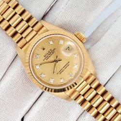 Pre Owned Rolex President Datejust 69178 Automatic Champagne Diamond 18K Yellow Gold Women's Wristwatch 26 mm