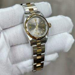 Pre Owned Rolex Oyster Perpetual 67243 Automatic Gray 18k Yellow Gold Stainless Steel Women's Wristwatch 24 mm