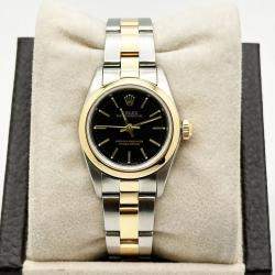 Pre Owned Rolex Oyster Perpetual 76183 Automatic Black 18k Yellow Gold Stainless Steel Women's Wristwatch 24 mm