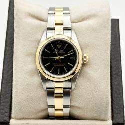 Pre Owned Rolex Oyster Perpetual 76183 Automatic Black 18k Yellow Gold Stainless Steel Women's Wristwatch 24 mm