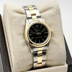 Pre Owned Rolex Oyster Perpetual 76183 Automatic Black 18k Yellow Gold Stainless Steel Women's Wristwatch 24 mm