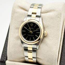 Pre Owned Rolex Oyster Perpetual 76183 Automatic Black 18k Yellow Gold Stainless Steel Women's Wristwatch 24 mm