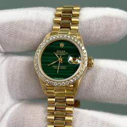 Pre Owned Rolex President 6917 Automatic Green Malachite and 18K Yellow Gold Women's Wristwatch 26 mm