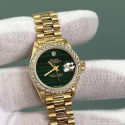 Pre Owned Rolex President 6917 Automatic Green Malachite and 18K Yellow Gold Women's Wristwatch 26 mm